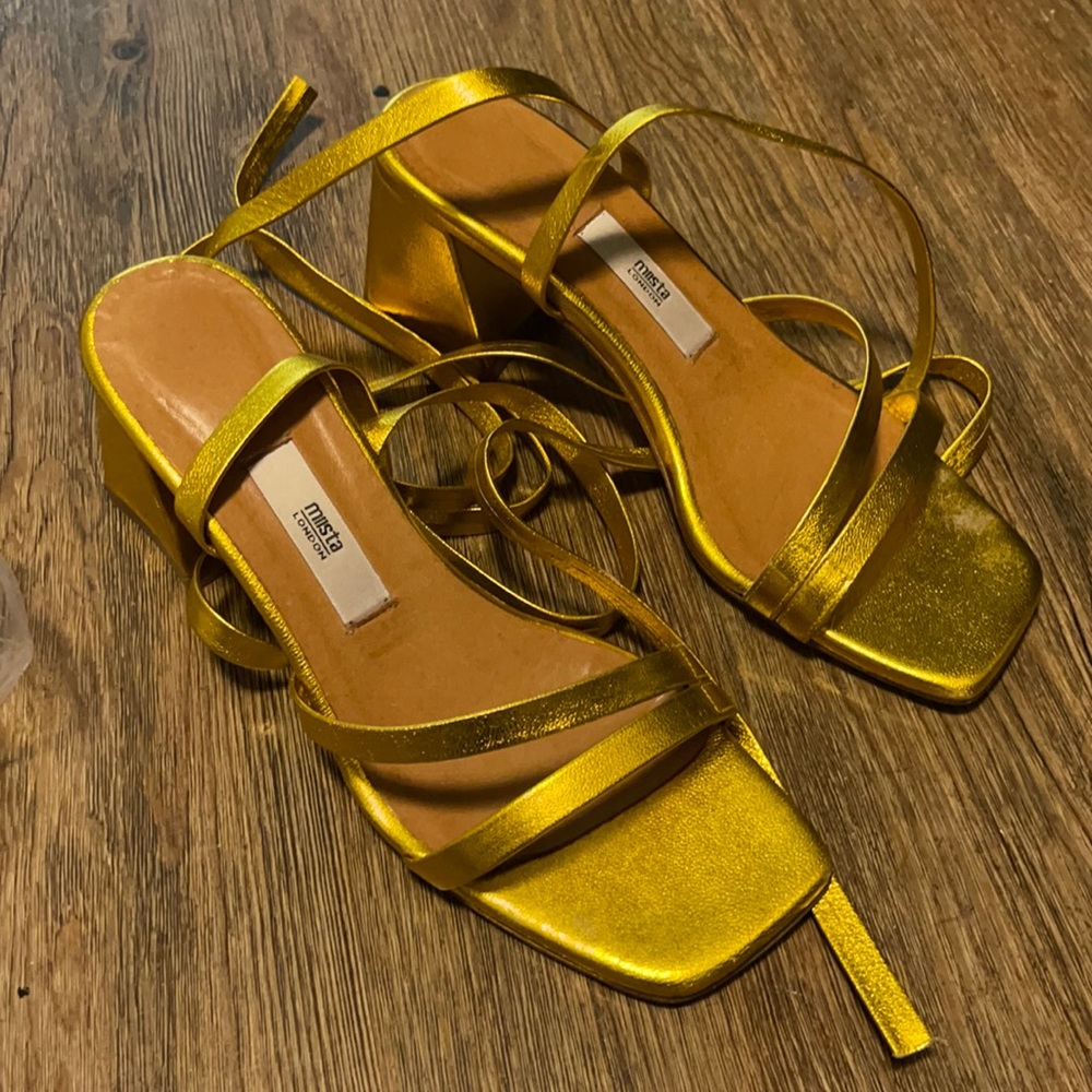Miista *worn* metallic gold leather lace up sandals